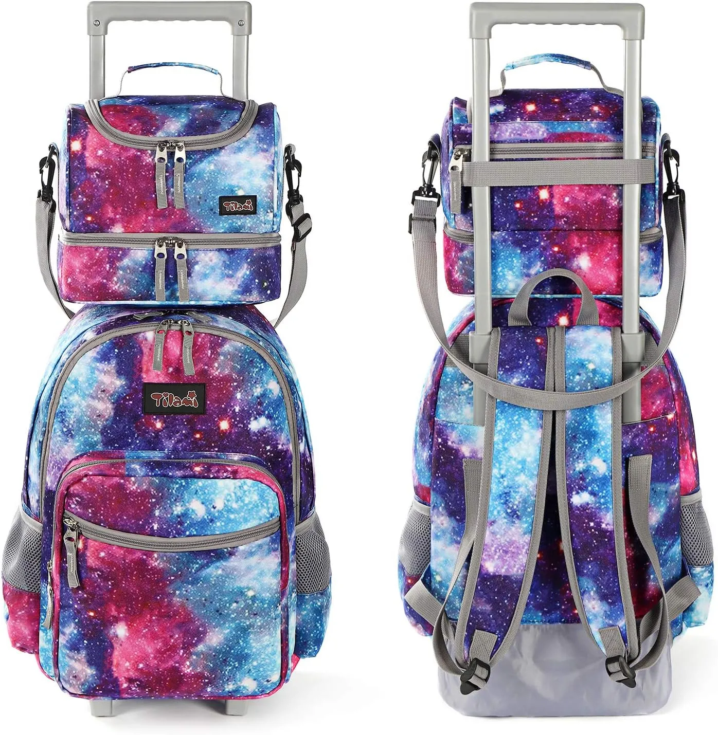 Tilami Rolling Backpack 18 inch Double Handle with Lunch Bag Wheeled Kids Backpack for Girls and Boys, Galaxy