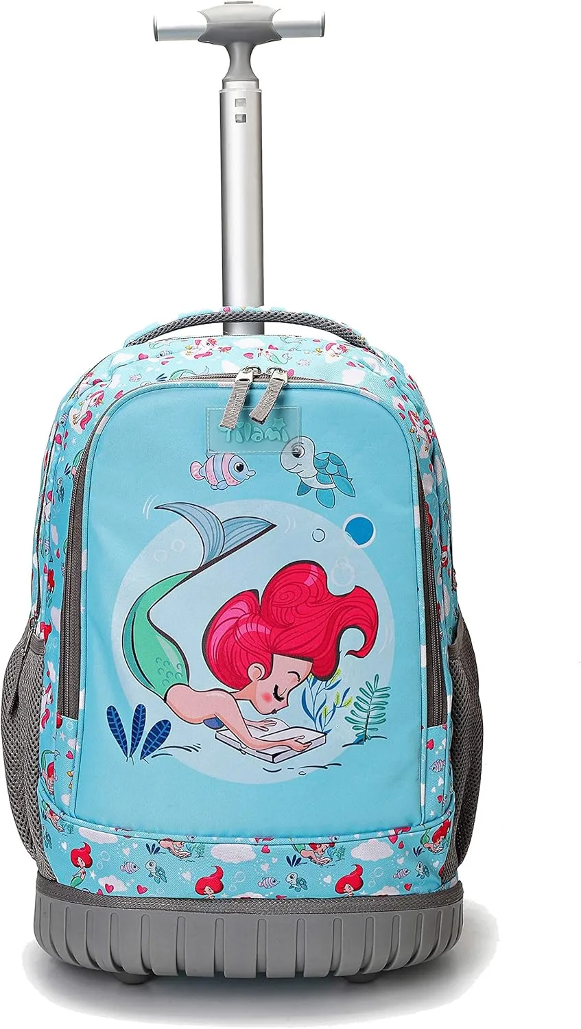 Tilami Rolling Backpack with Trolley Wheeled Design, Cute Cartoon Printed for Boys and Girls, Travel, School, Student Trip (19 Inch, Mermaid Blue)