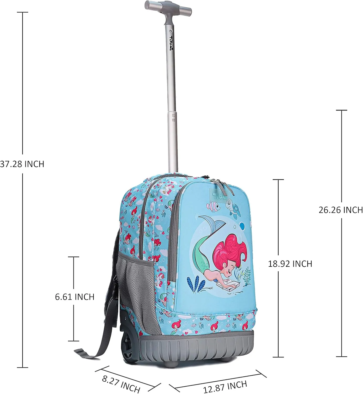Tilami Rolling Backpack with Trolley Wheeled Design, Cute Cartoon Printed for Boys and Girls, Travel, School, Student Trip (19 Inch, Mermaid Blue)