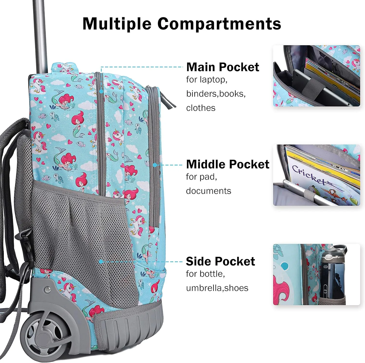 Tilami Rolling Backpack with Trolley Wheeled Design, Cute Cartoon Printed for Boys and Girls, Travel, School, Student Trip (19 Inch, Mermaid Blue)