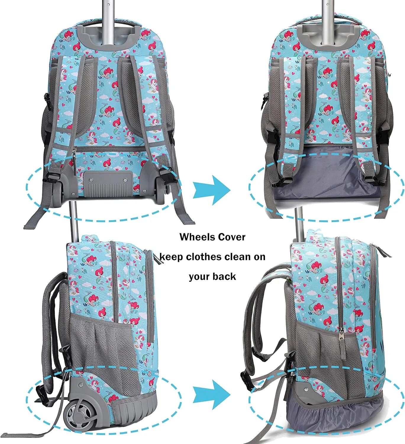 Tilami Rolling Backpack with Trolley Wheeled Design, Cute Cartoon Printed for Boys and Girls, Travel, School, Student Trip (19 Inch, Mermaid Blue)