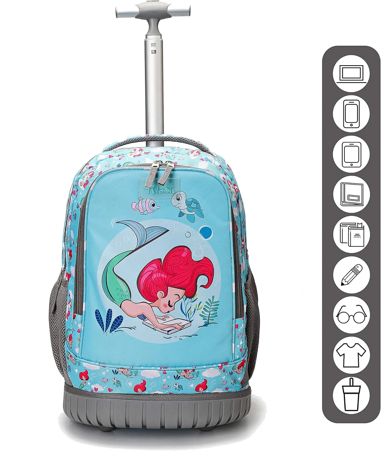 Tilami Rolling Backpack with Trolley Wheeled Design, Cute Cartoon Printed for Boys and Girls, Travel, School, Student Trip (19 Inch, Mermaid Blue)
