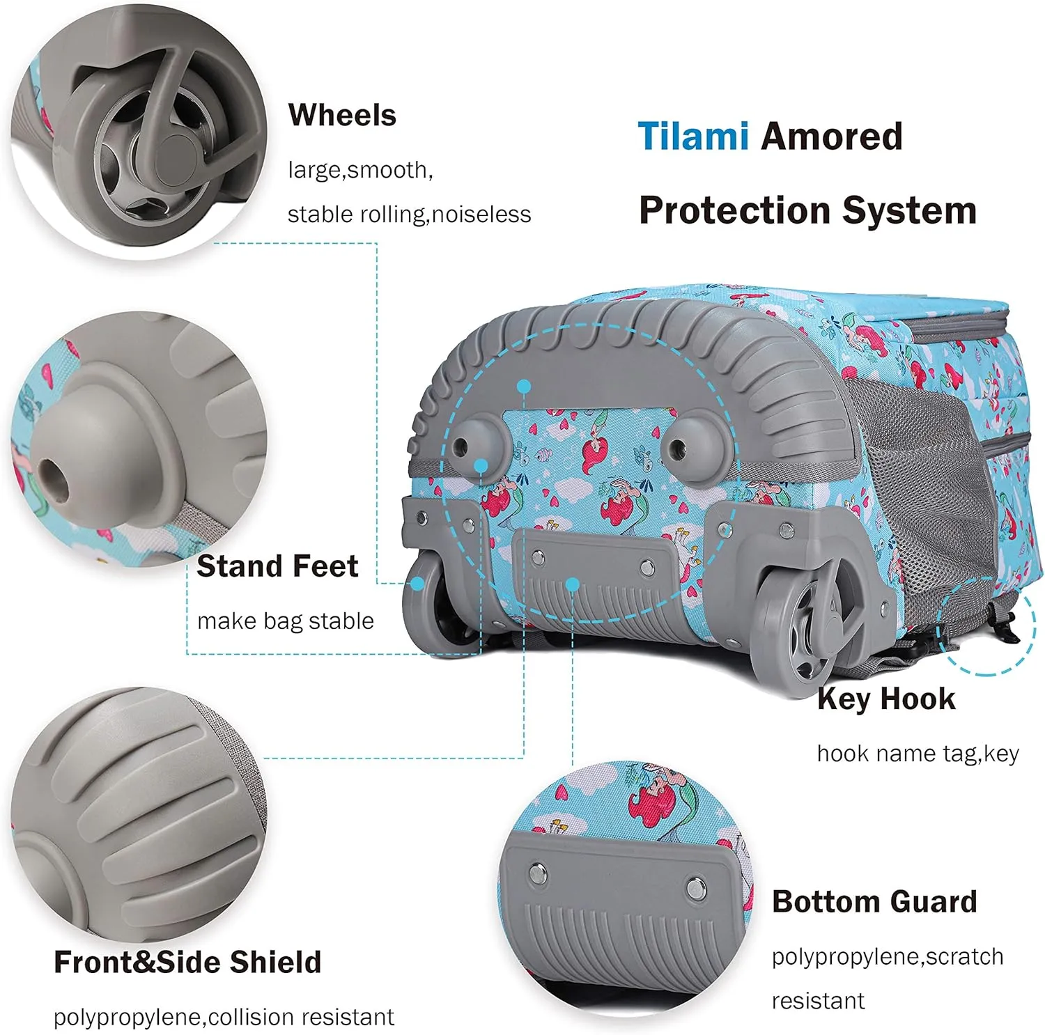 Tilami Rolling Backpack with Trolley Wheeled Design, Cute Cartoon Printed for Boys and Girls, Travel, School, Student Trip (19 Inch, Mermaid Blue)