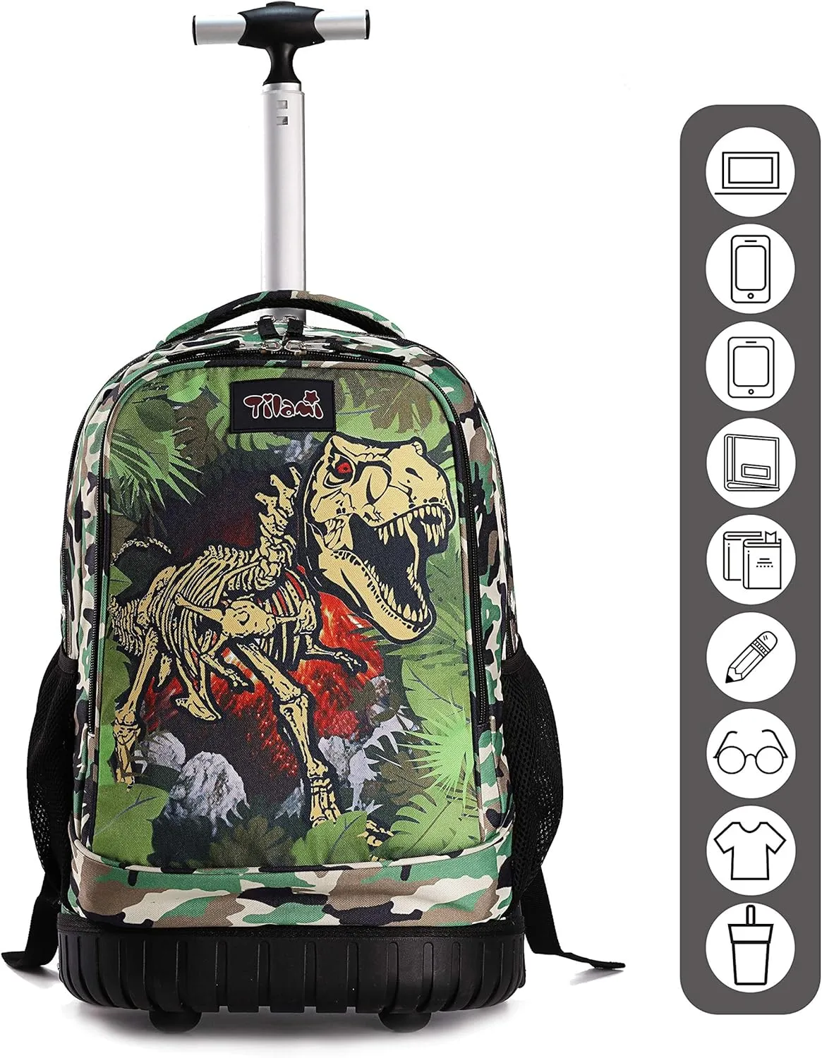 Tilami Rolling Backpack with Trolley Wheeled Design, Cute Cartoon Printed or Boys and Girls, Travel, School, Student Trip (19 Inch, Dinosaur)