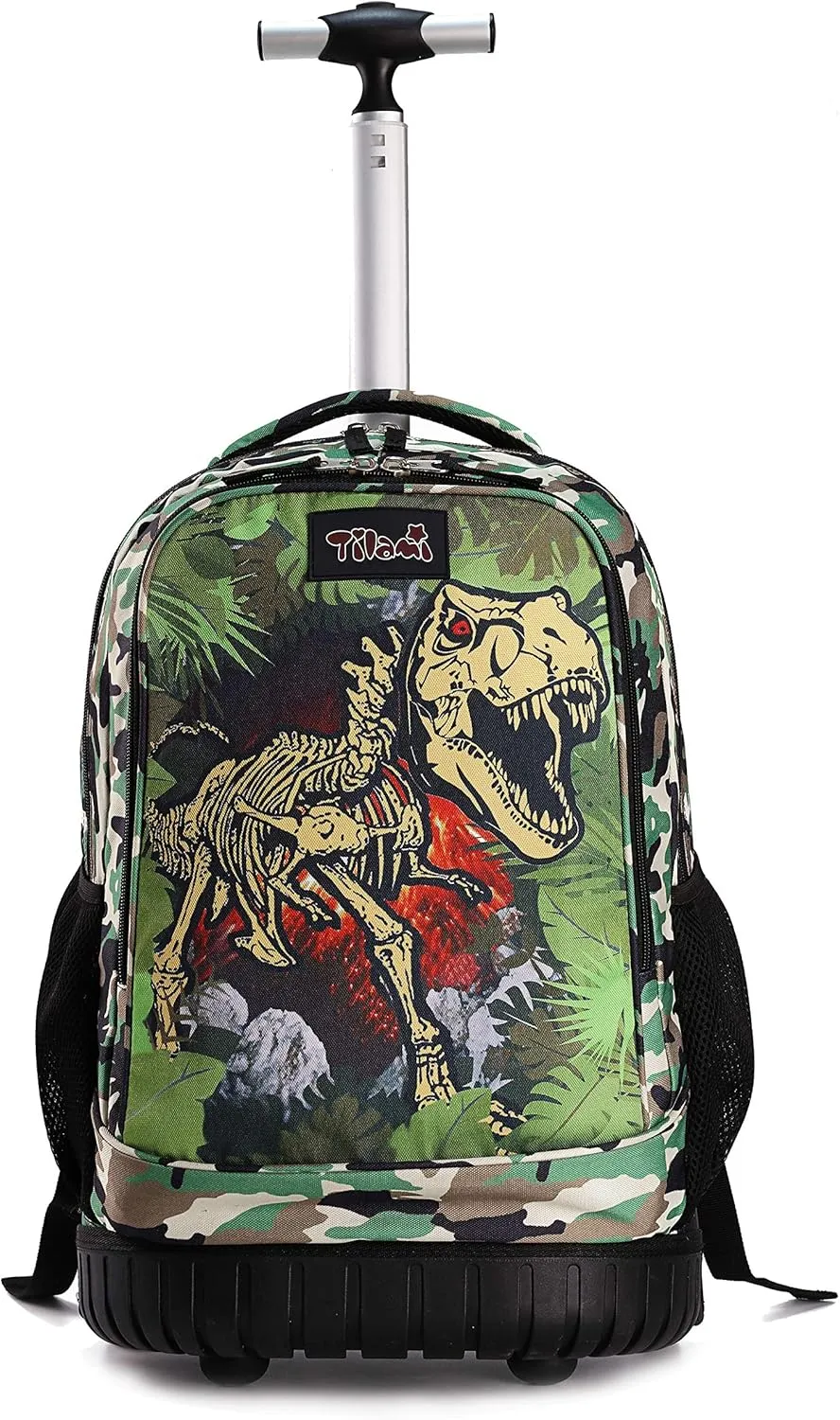 Tilami Rolling Backpack with Trolley Wheeled Design, Cute Cartoon Printed or Boys and Girls, Travel, School, Student Trip (19 Inch, Dinosaur)