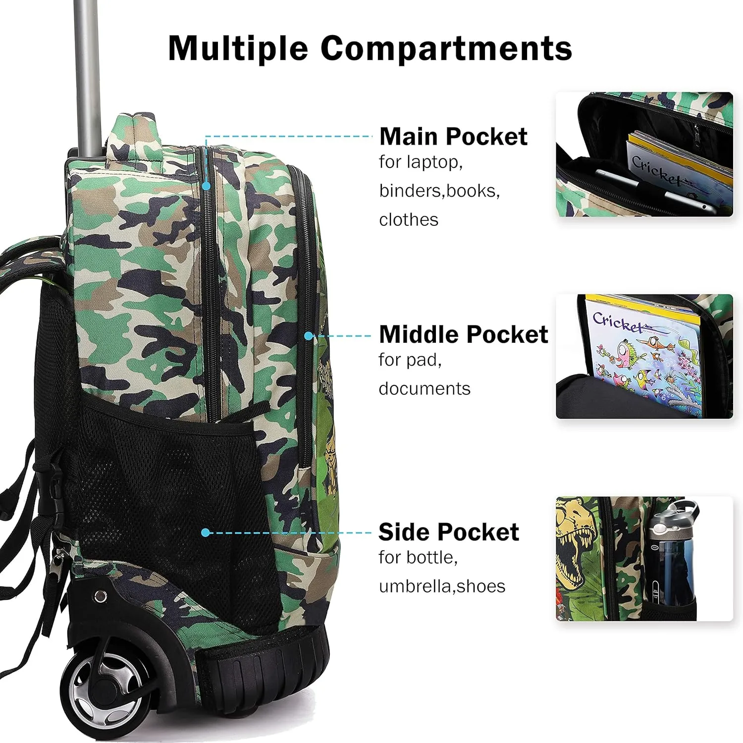 Tilami Rolling Backpack with Trolley Wheeled Design, Cute Cartoon Printed or Boys and Girls, Travel, School, Student Trip (19 Inch, Dinosaur)