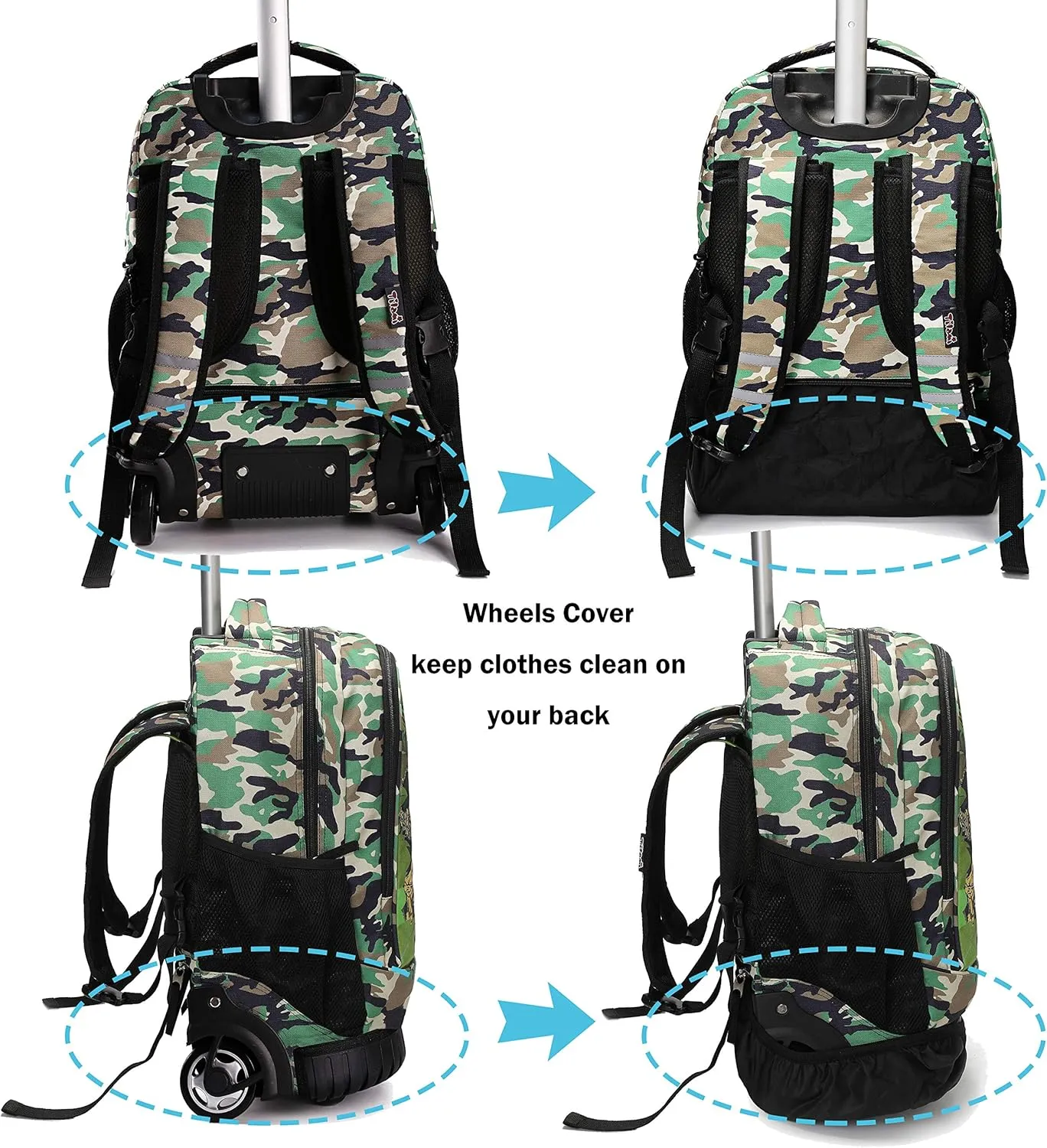Tilami Rolling Backpack with Trolley Wheeled Design, Cute Cartoon Printed or Boys and Girls, Travel, School, Student Trip (19 Inch, Dinosaur)