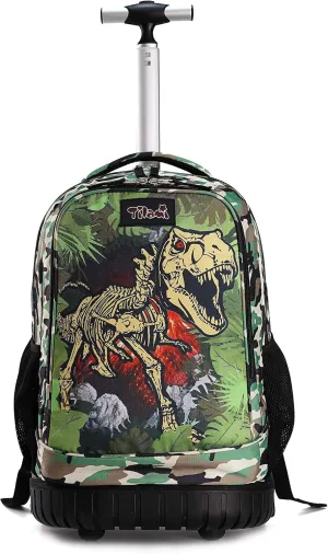 Tilami Rolling Backpack with Trolley Wheeled Design, Cute Cartoon Printed or Boys and Girls, Travel, School, Student Trip (19 Inch, Dinosaur)
