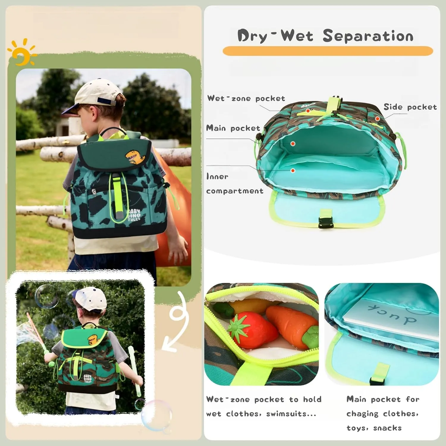 Toddler Boys Backpack, Dinosaur Drawstring Kids Preschool Backpack Bookbag Dry-Wet Separated, Fit A4 Folder, Camo-green