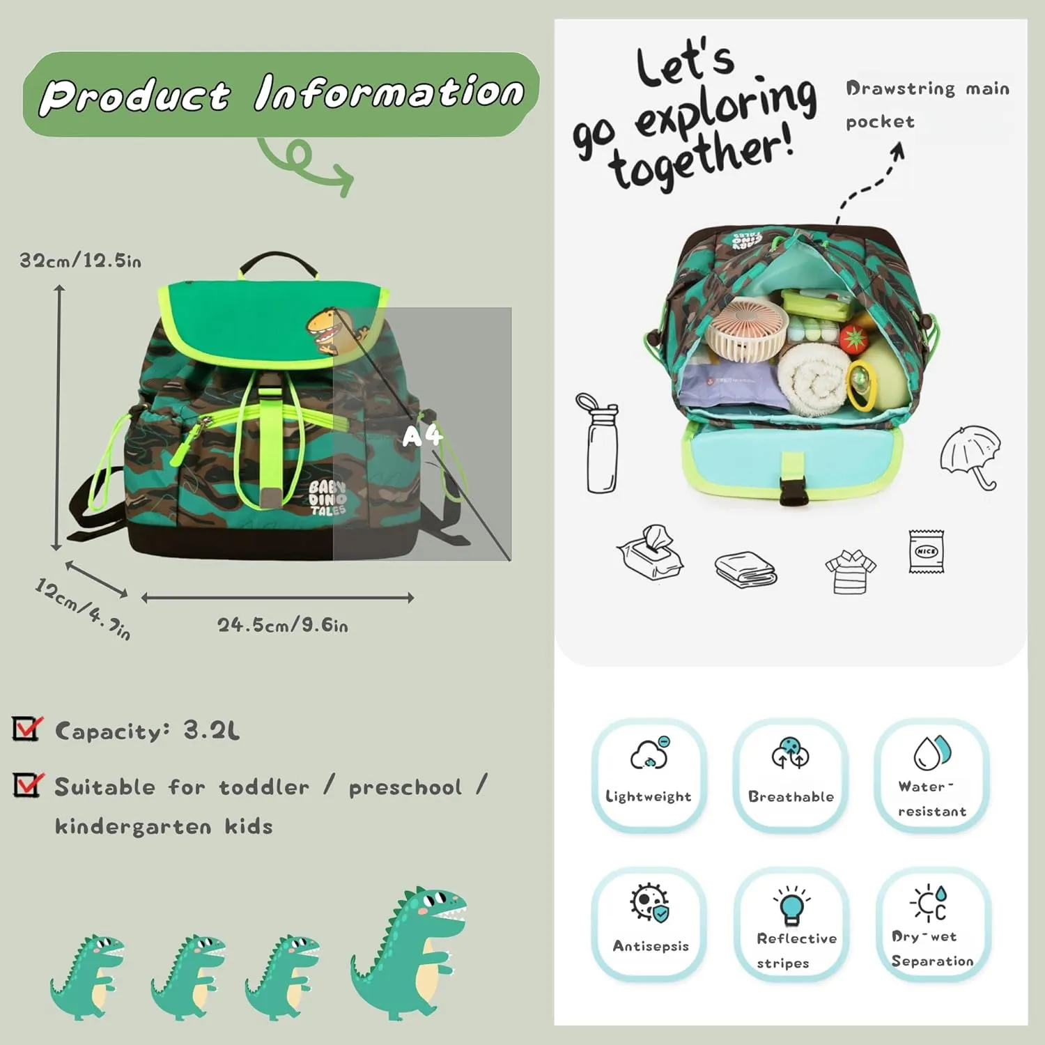 Toddler Boys Backpack, Dinosaur Drawstring Kids Preschool Backpack Bookbag Dry-Wet Separated, Fit A4 Folder, Camo-green