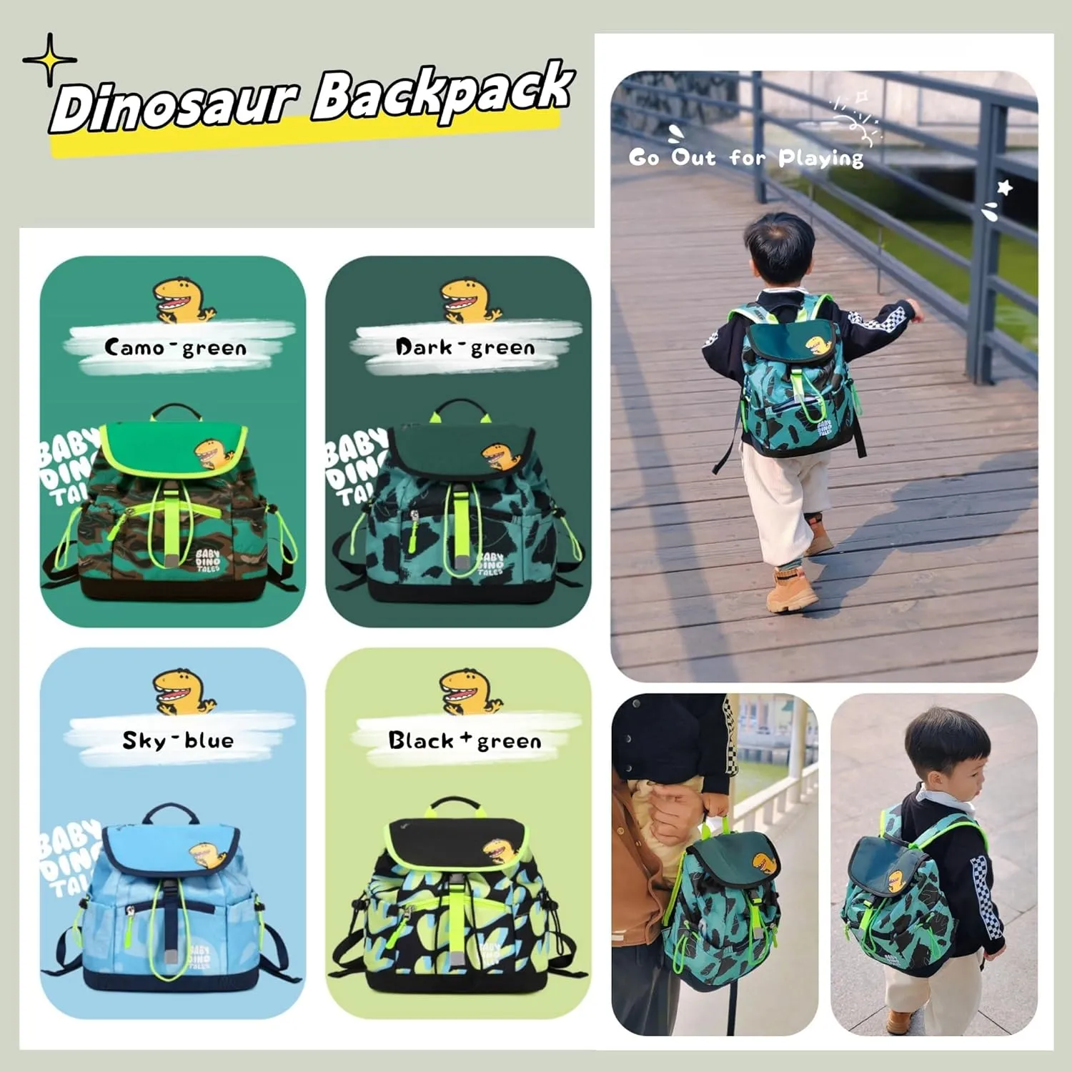 Toddler Boys Backpack, Dinosaur Drawstring Kids Preschool Backpack Bookbag Dry-Wet Separated, Fit A4 Folder, Camo-green