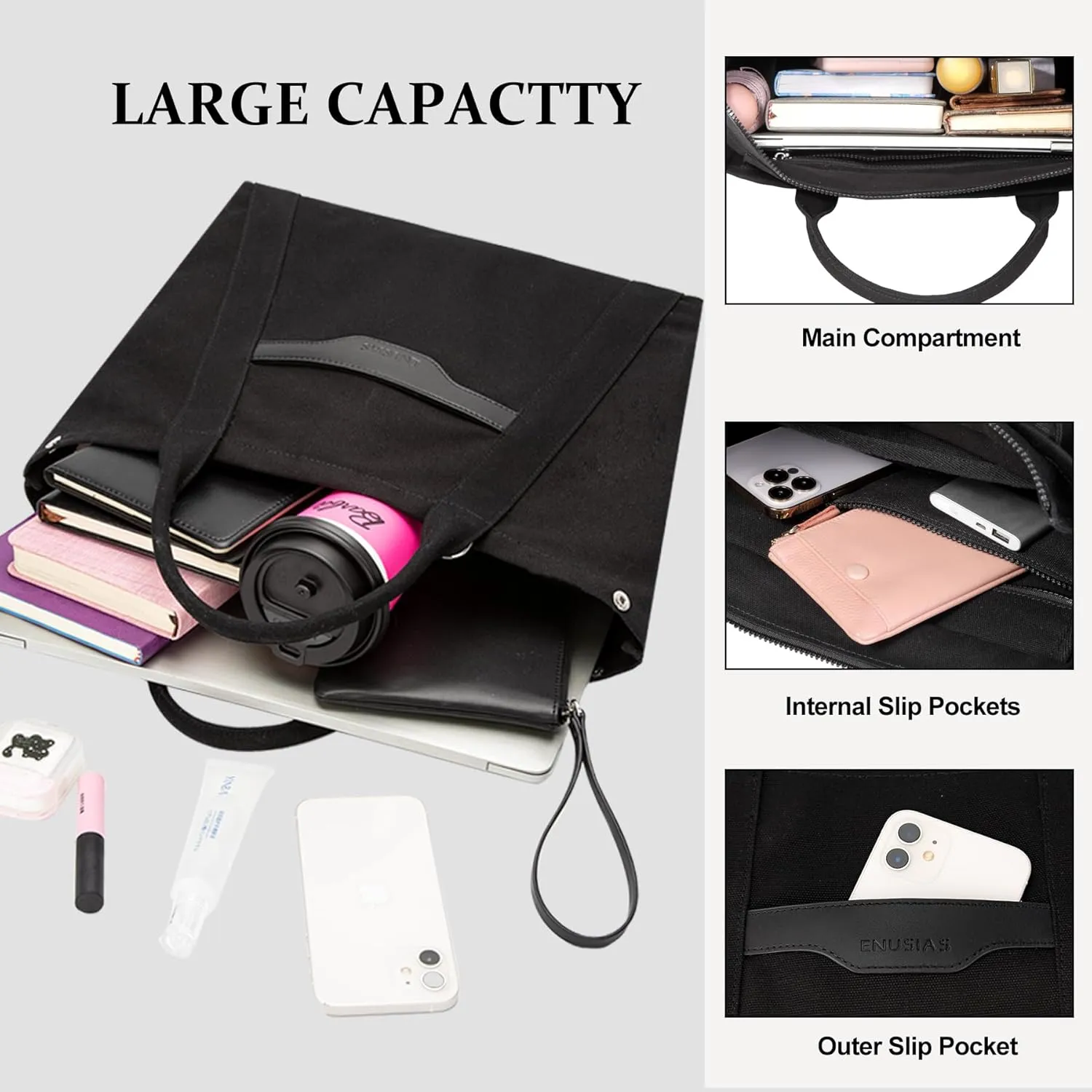 Tote Bag for Women Canvas Zip Top Handle Women's Handbag Multi Pockets Travel Crossbody Shoulder Bag