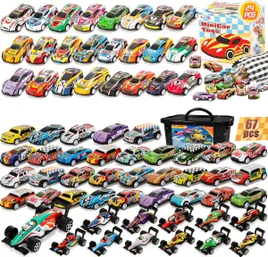 Toy Cars for Kids 91Pcs Race Cars Pull Back Cars Playsets with Storage Box, Party Favors Kids Prizes Fillers Bulk Gifts for Boys and Girls Car Game Treasure Chest