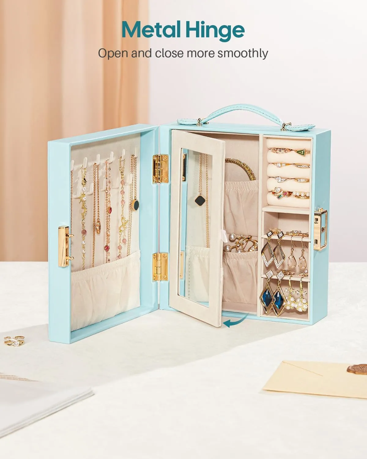 Travel Jewelry Case, Essentials for vacation, Portable Bangle Box with Mirror, PU Leather Small Watch Organizer for Rings, Earrings, Necklaces, Bracelets (Blue)