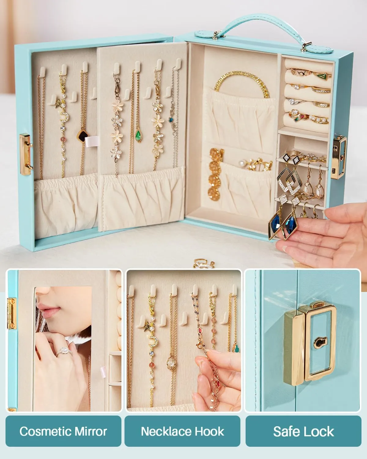 Travel Jewelry Case, Essentials for vacation, Portable Bangle Box with Mirror, PU Leather Small Watch Organizer for Rings, Earrings, Necklaces, Bracelets (Blue)