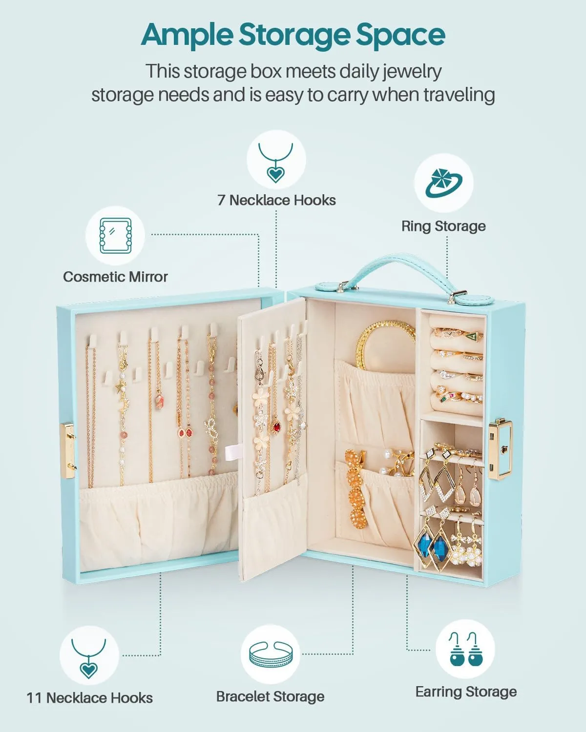 Travel Jewelry Case, Essentials for vacation, Portable Bangle Box with Mirror, PU Leather Small Watch Organizer for Rings, Earrings, Necklaces, Bracelets (Blue)