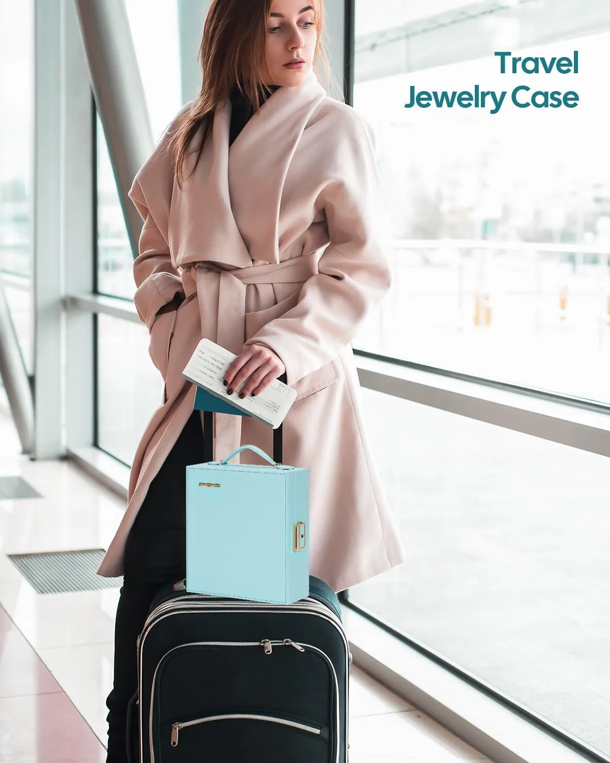 Travel Jewelry Case, Essentials for vacation, Portable Bangle Box with Mirror, PU Leather Small Watch Organizer for Rings, Earrings, Necklaces, Bracelets (Blue)
