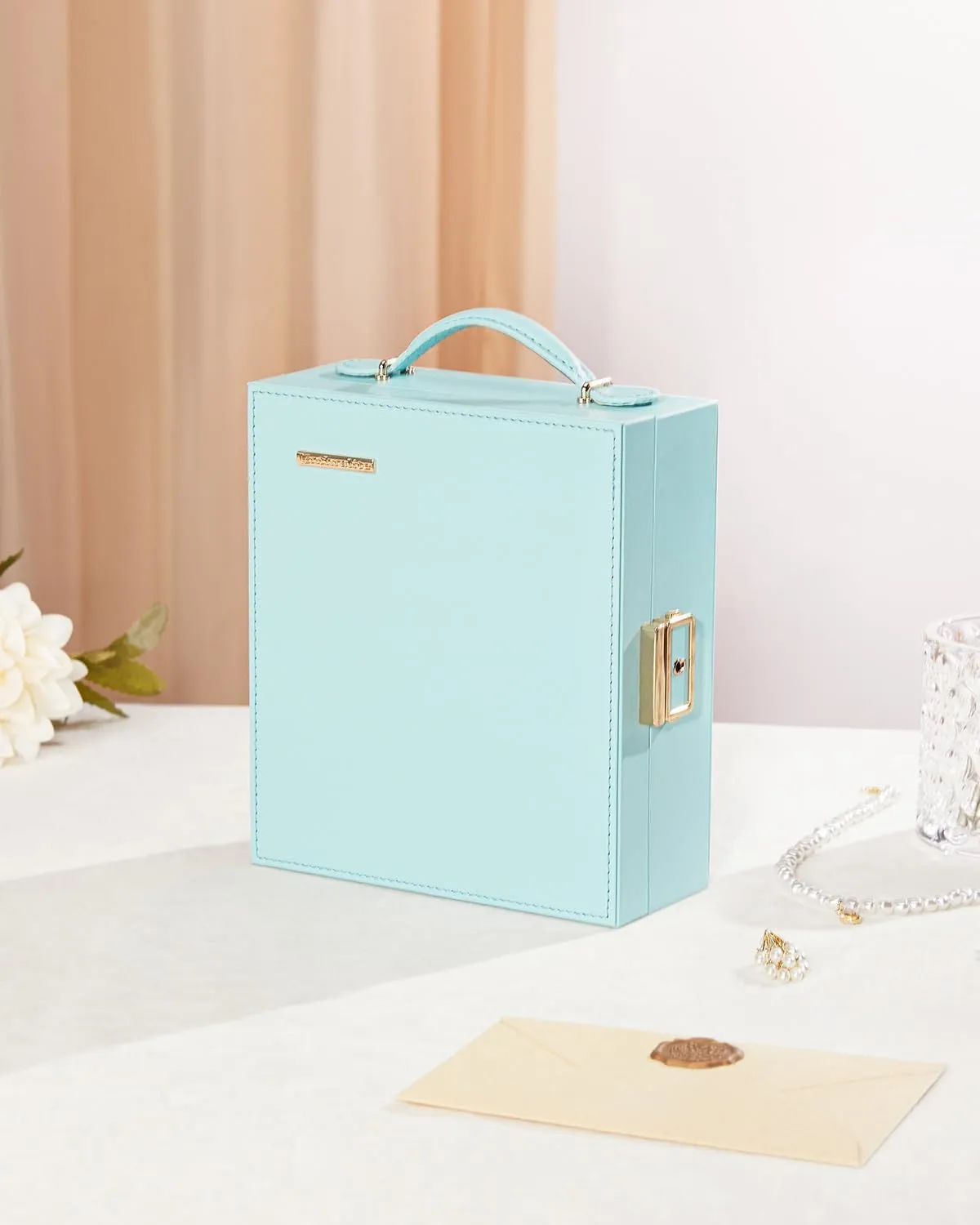 Travel Jewelry Case, Essentials for vacation, Portable Bangle Box with Mirror, PU Leather Small Watch Organizer for Rings, Earrings, Necklaces, Bracelets (Blue)