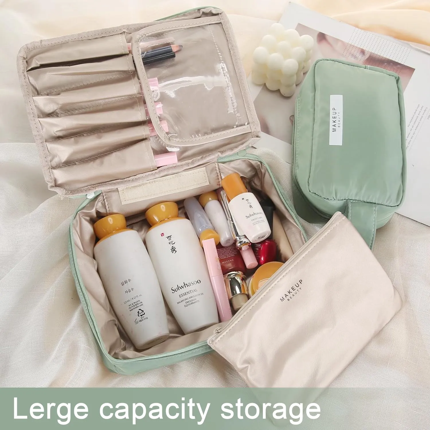 Travel Makeup Bag Cosmetic Bag Makeup Bag Toiletry bag for women and men (Green-3pcs)