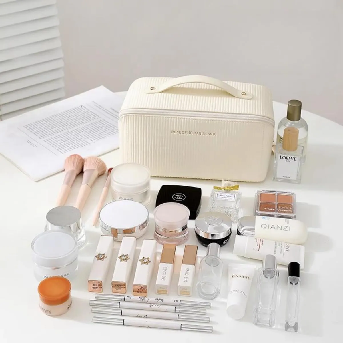 Travel Makeup Bag cosmetic bag Portable Makeup storage Bag toiletry Bag essentials Large capacity double zipper design stripe cosmetics case