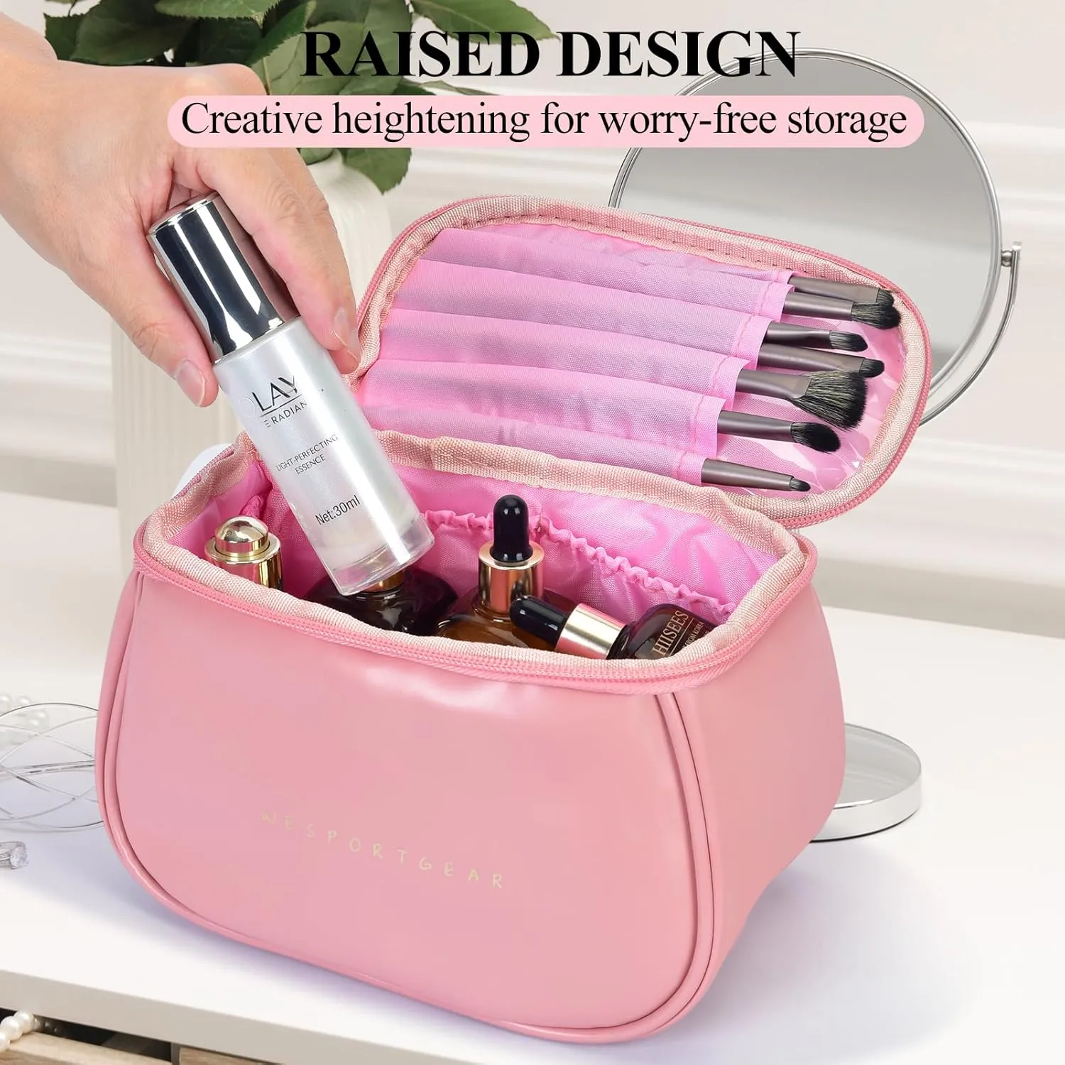Travel Makeup Bag, Portability Travel Essentials Toiletry Bag for Women, Waterproof Large Capacity Cosmetic Bag with Compartments, Pink