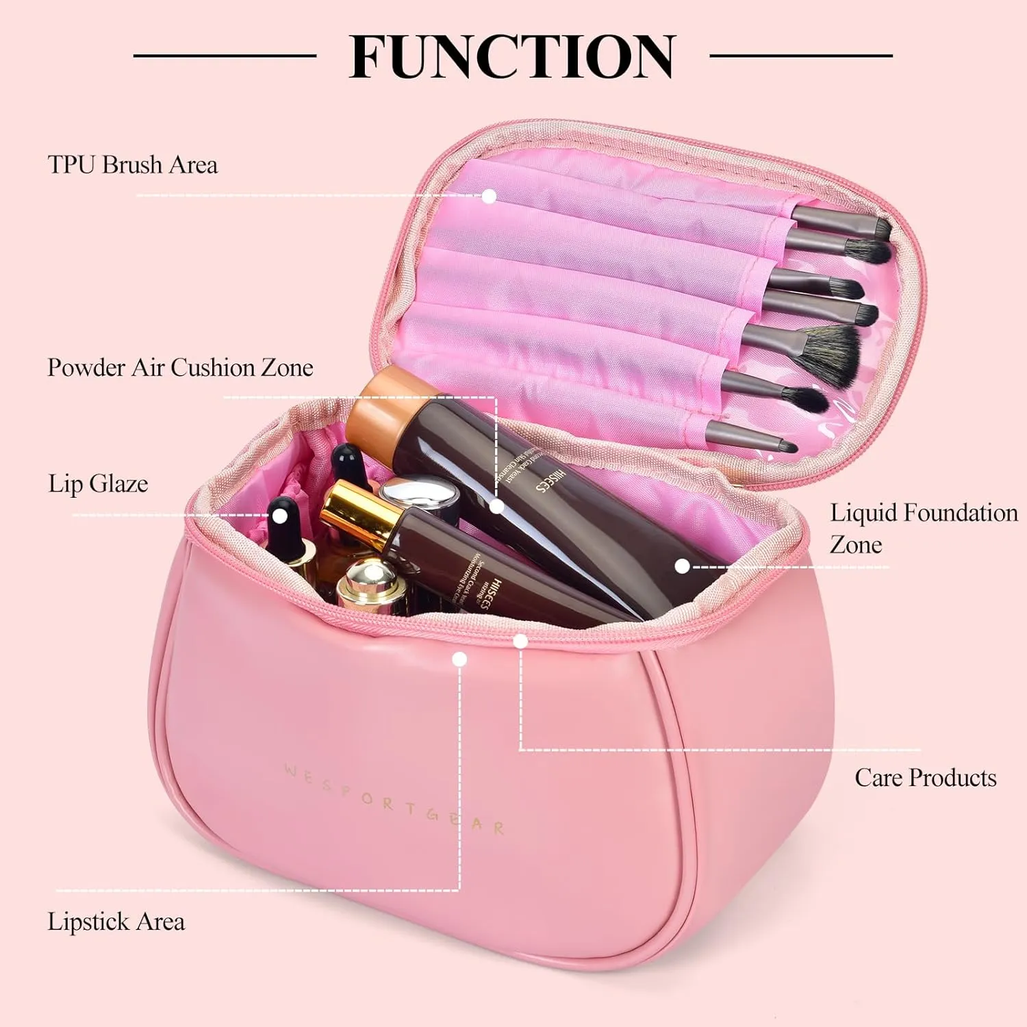 Travel Makeup Bag, Portability Travel Essentials Toiletry Bag for Women, Waterproof Large Capacity Cosmetic Bag with Compartments, Pink