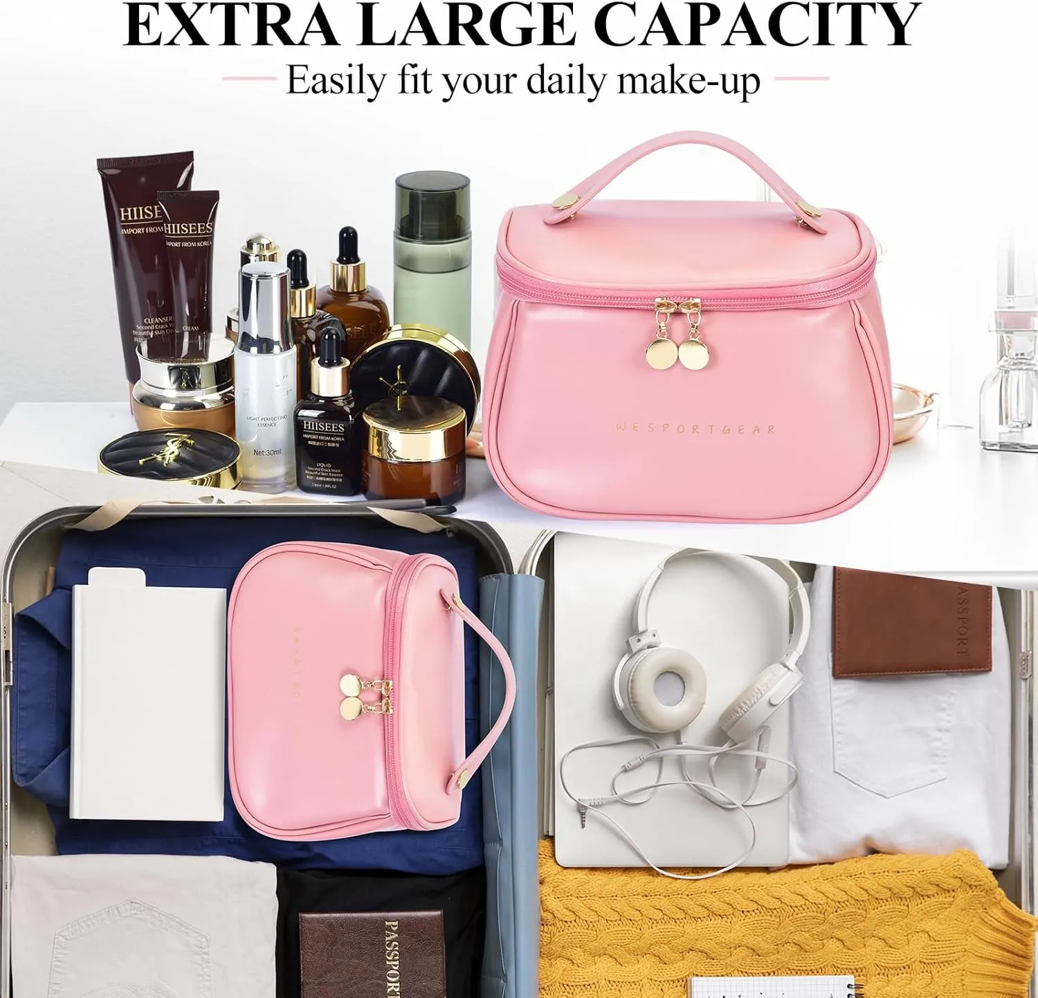 Travel Makeup Bag, Portability Travel Essentials Toiletry Bag for Women, Waterproof Large Capacity Cosmetic Bag with Compartments, Pink