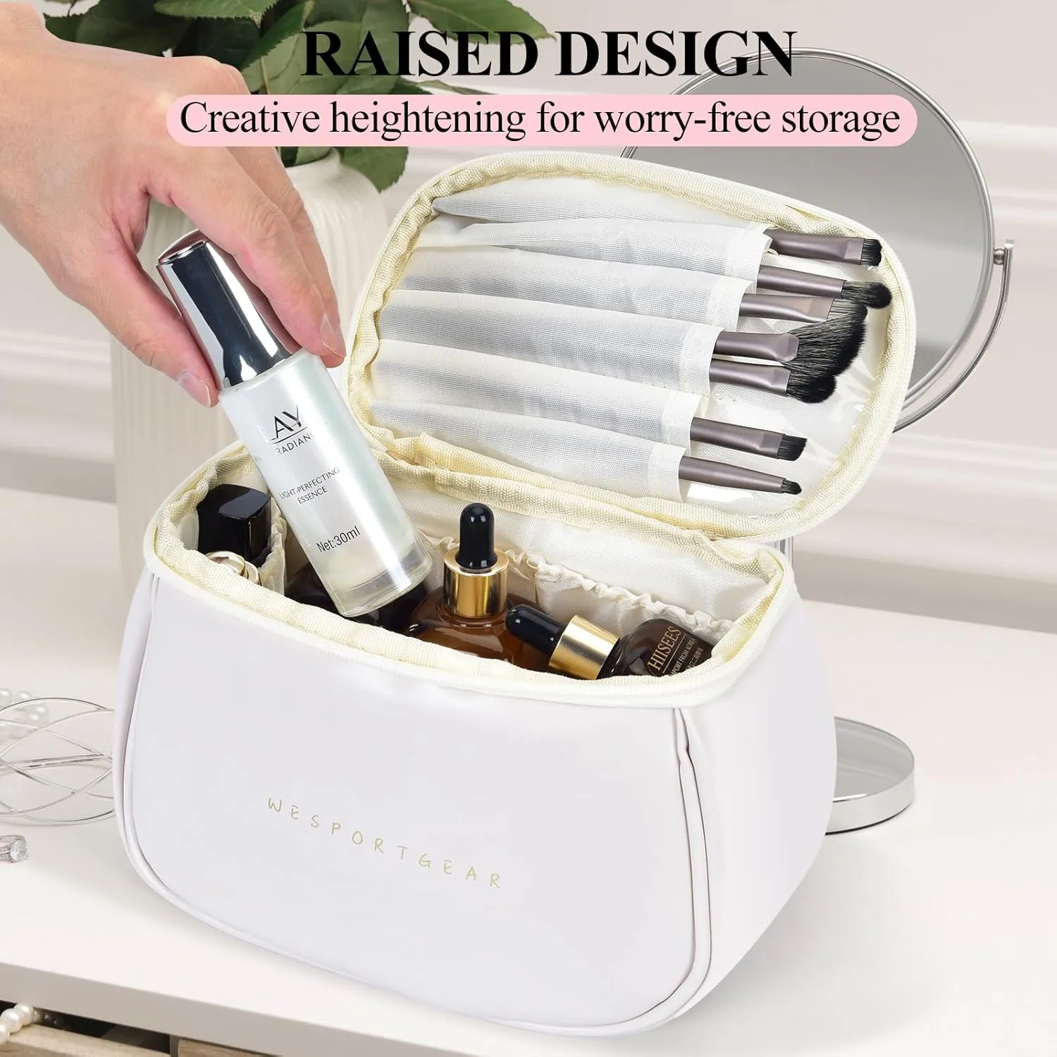 Travel Makeup Bag, Portability Travel Essentials Toiletry Bag for Women, Waterproof Large Capacity Cosmetic Bag with Compartments, White