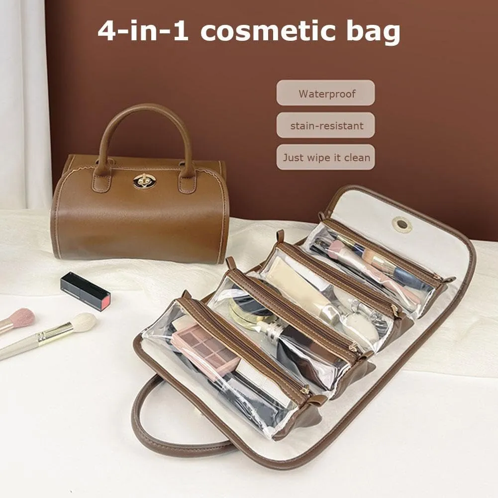 Travel Makeup Bag,Waterproof Cosmetic Storage Bag,4 in 1 Roll up Makeup Bag,Detachable Travel Toiletry Bag for Women,Large Capacity Hanging Cosmetic Travel Bag for Toiletries