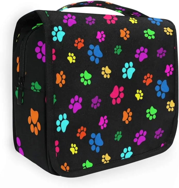 Travel Toiletry Bag Colorful Animal Dog Cat Paw Print Cosmetic Organizer Bag Hanging Makeup Bag with Zipper Pocket and Handle, Portable Wash Bag for Women Men Girls