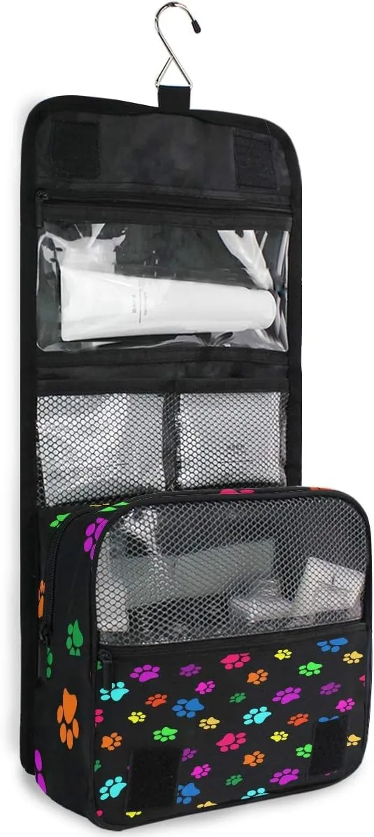 Travel Toiletry Bag Colorful Animal Dog Cat Paw Print Cosmetic Organizer Bag Hanging Makeup Bag with Zipper Pocket and Handle, Portable Wash Bag for Women Men Girls