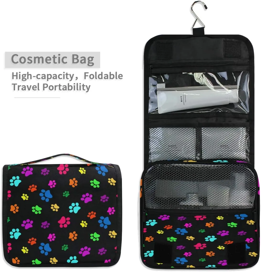 Travel Toiletry Bag Colorful Animal Dog Cat Paw Print Cosmetic Organizer Bag Hanging Makeup Bag with Zipper Pocket and Handle, Portable Wash Bag for Women Men Girls