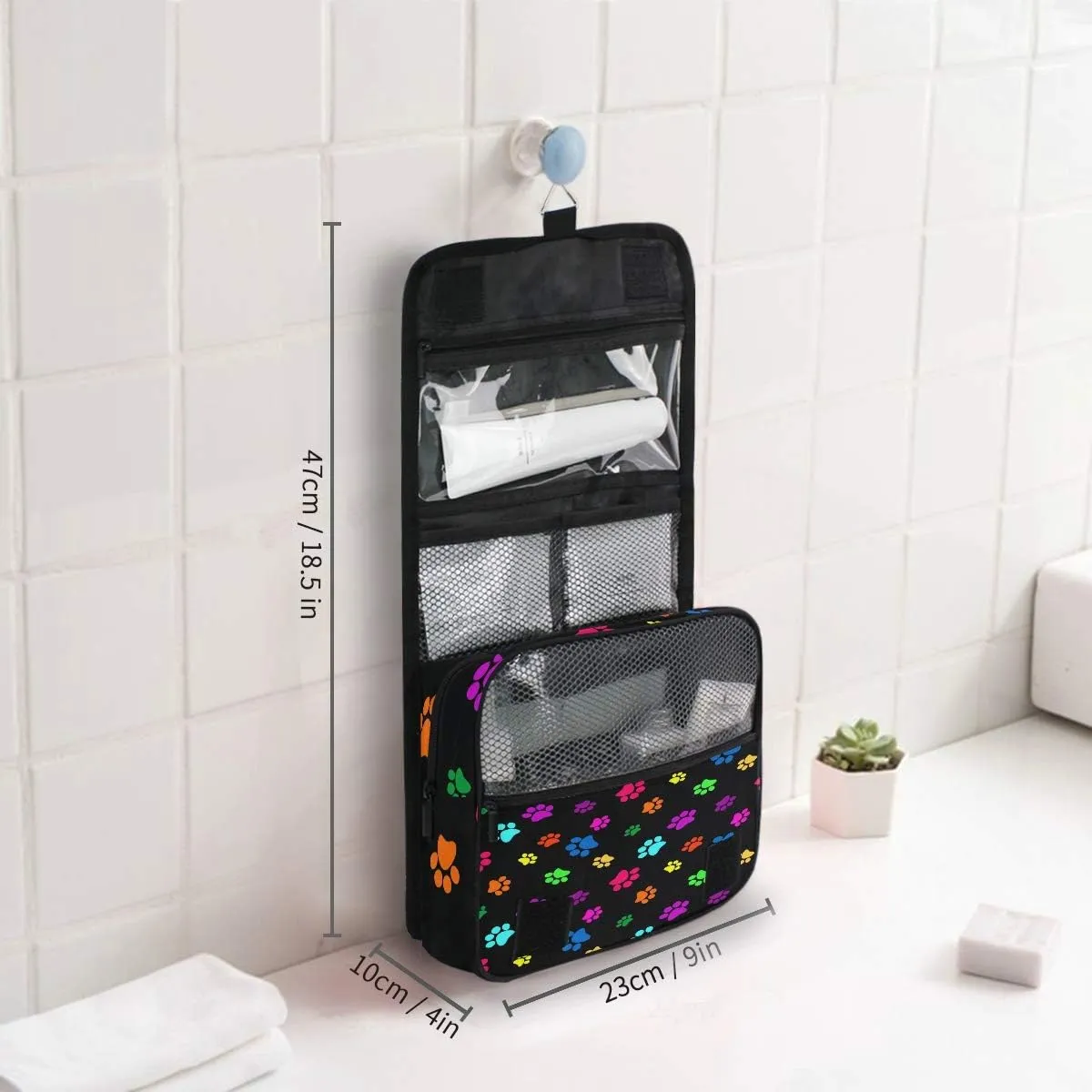Travel Toiletry Bag Colorful Animal Dog Cat Paw Print Cosmetic Organizer Bag Hanging Makeup Bag with Zipper Pocket and Handle, Portable Wash Bag for Women Men Girls