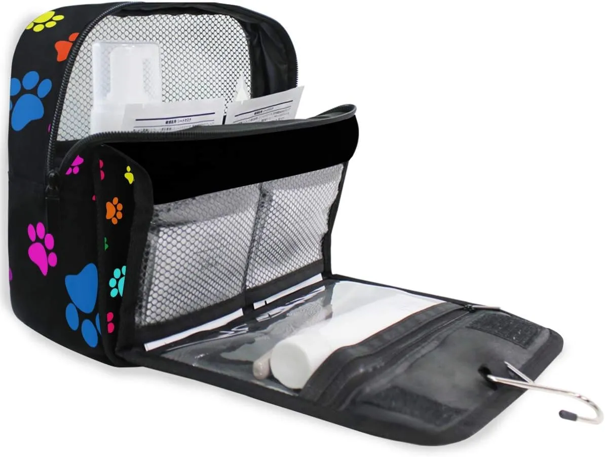 Travel Toiletry Bag Colorful Animal Dog Cat Paw Print Cosmetic Organizer Bag Hanging Makeup Bag with Zipper Pocket and Handle, Portable Wash Bag for Women Men Girls