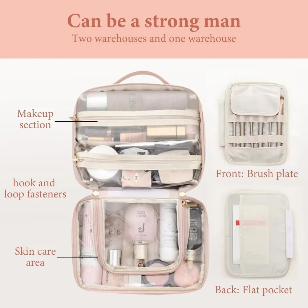 Travel Toiletry Bag for women, Large Capacity Cosmetic Bag for Travel-Sized Shampoo, Conditioner, Brushes Set, makeup Accessories, with Big Comparment (Pink)