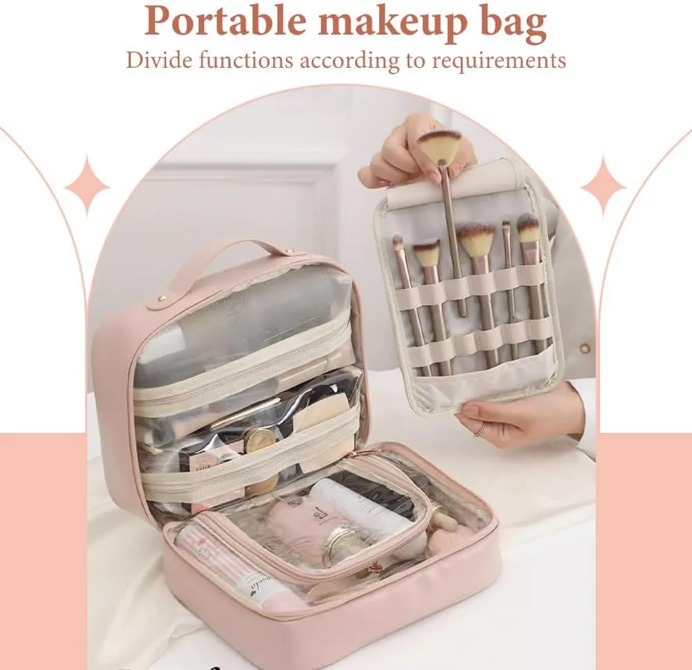 Travel Toiletry Bag for women, Large Capacity Cosmetic Bag for Travel-Sized Shampoo, Conditioner, Brushes Set, makeup Accessories, with Big Comparment (Pink)