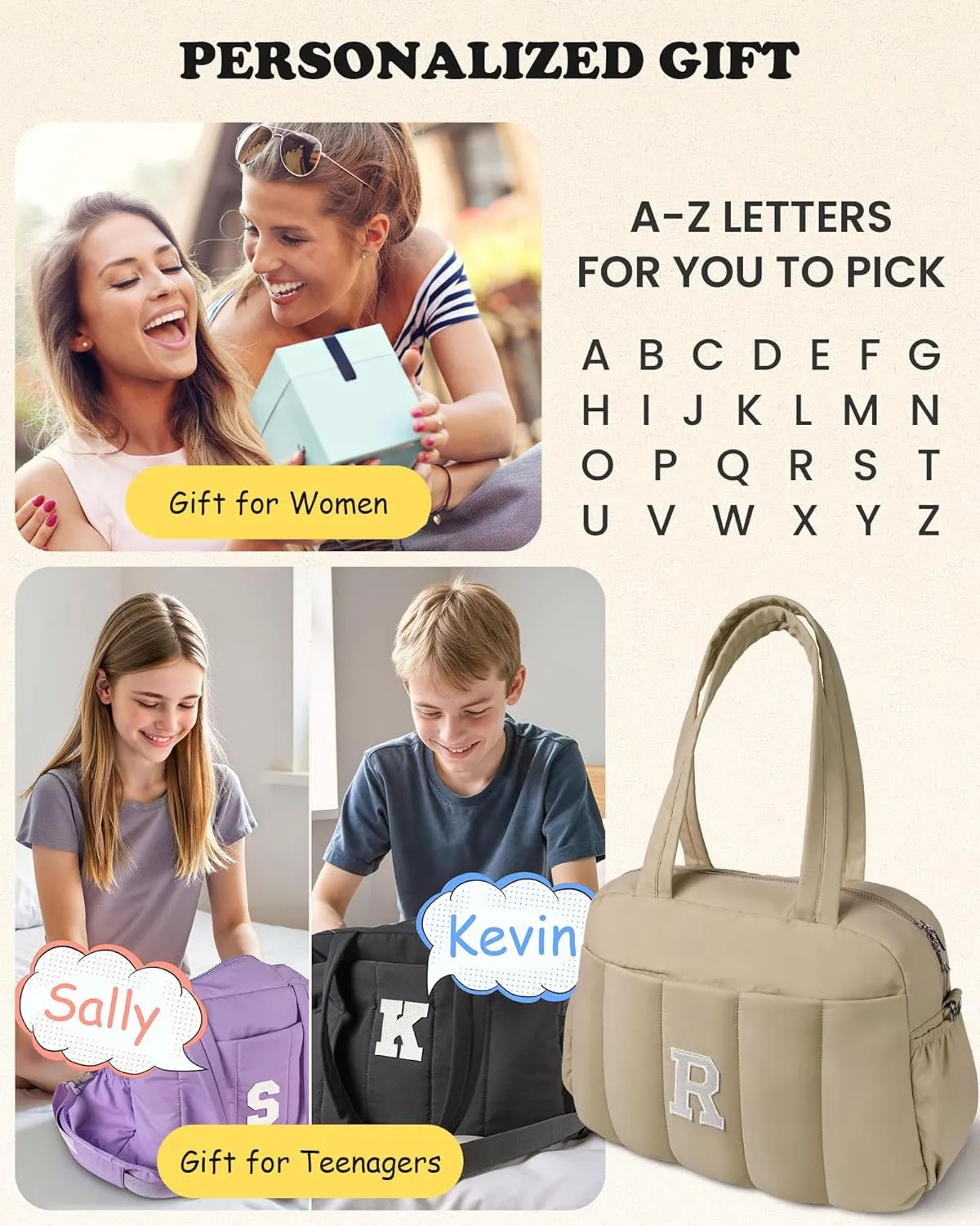 Trendy Gifts for Women, Initial Girls Duffel Bag, Personalized Women Weekender Bag, Monogram Overnight Bag for Women, Kids Travel Bag with Makeup Bag, Daughter Sister Gift (Letter V)