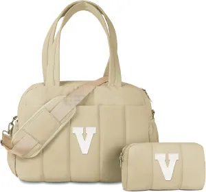 Trendy Gifts for Women, Initial Girls Duffel Bag, Personalized Women Weekender Bag, Monogram Overnight Bag for Women, Kids Travel Bag with Makeup Bag, Daughter Sister Gift (Letter V)