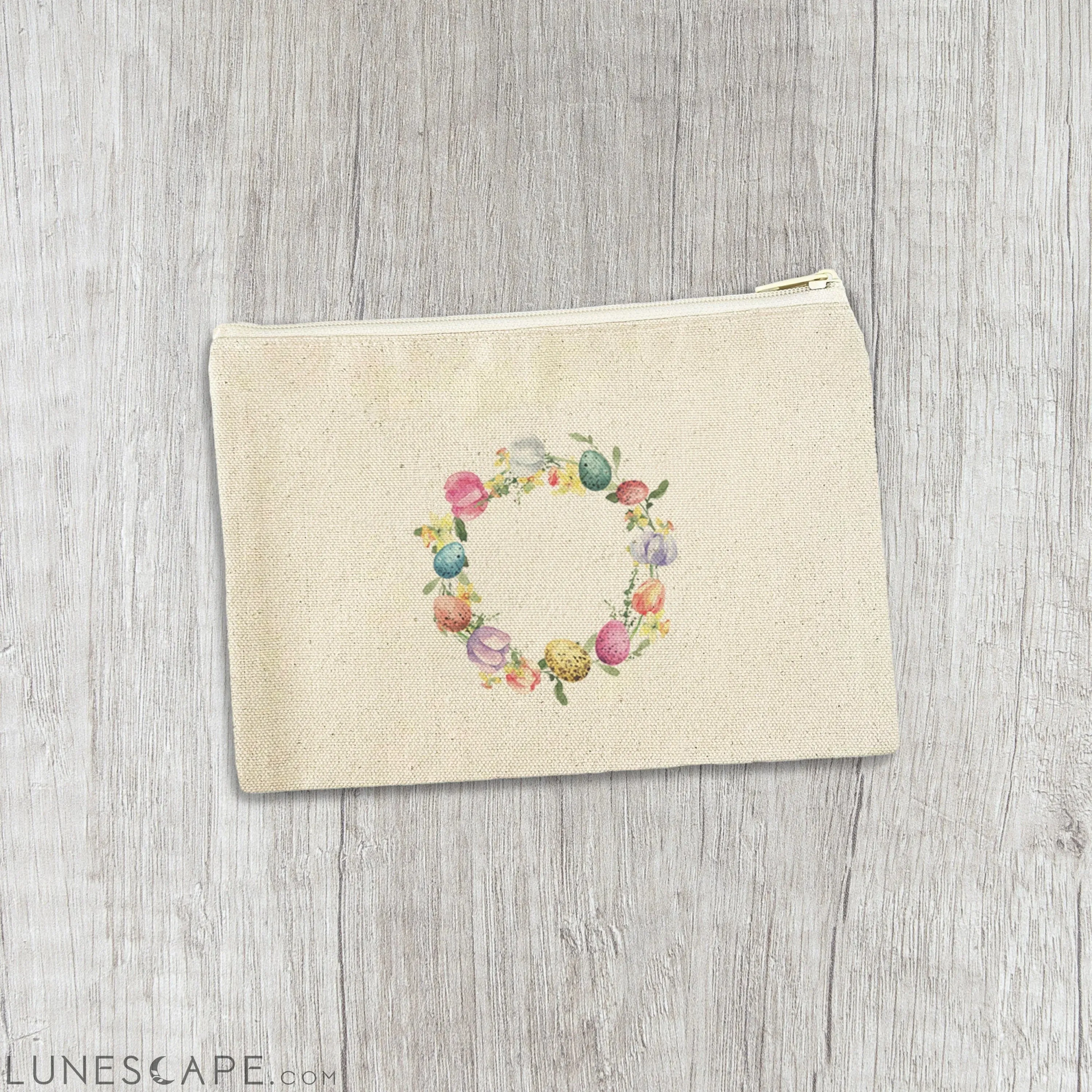 Tulips and Speckled Egg Wreath - Easter Canvas Zipper Pouch