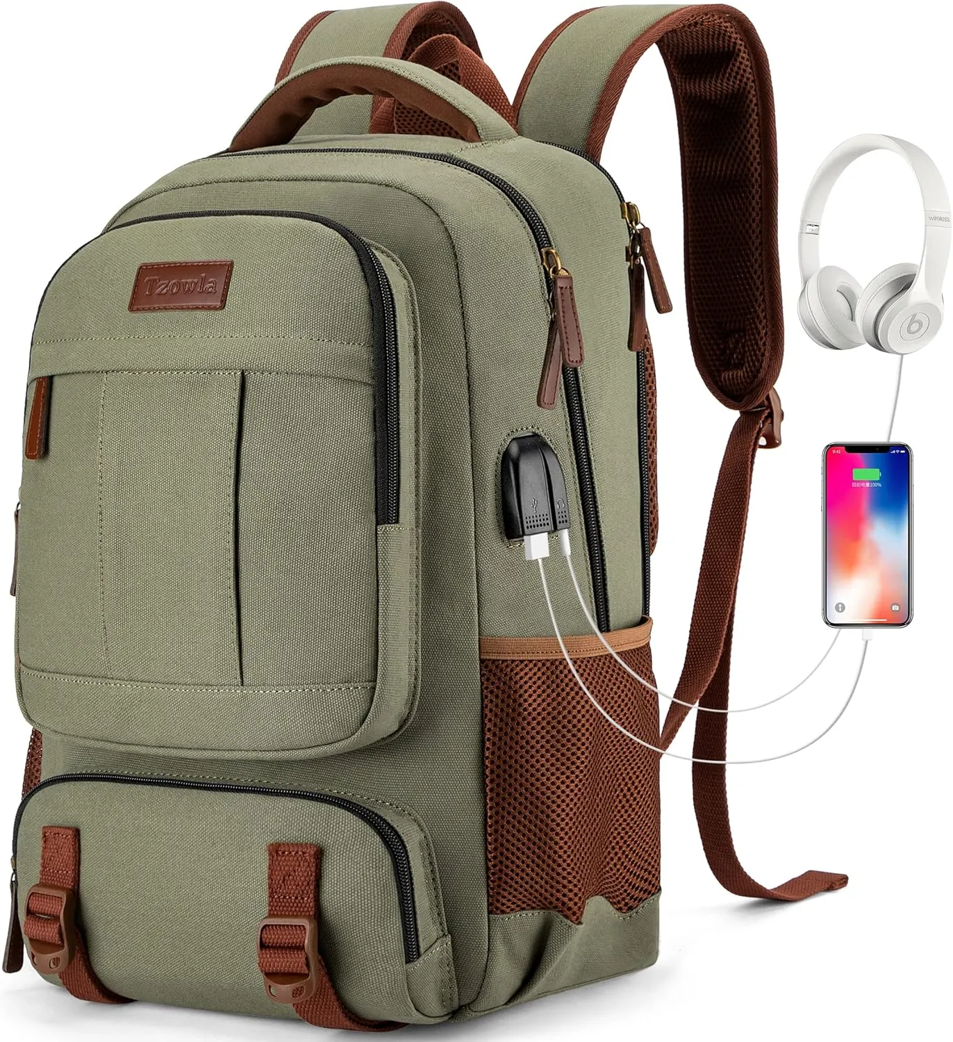 Tzowla Canvas Laptop Backpack, Bag for Men Women,Travel Work Rucksack Fits 15.6 Inch Laptop, Bookbag with USB Charging Port