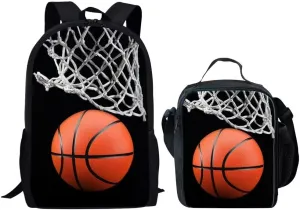 UNICEU Kids Sports Backpack Set 2 Packs, 3D Basketball Print, Large Capacity School Bookbag with Thermal Lunch Bag