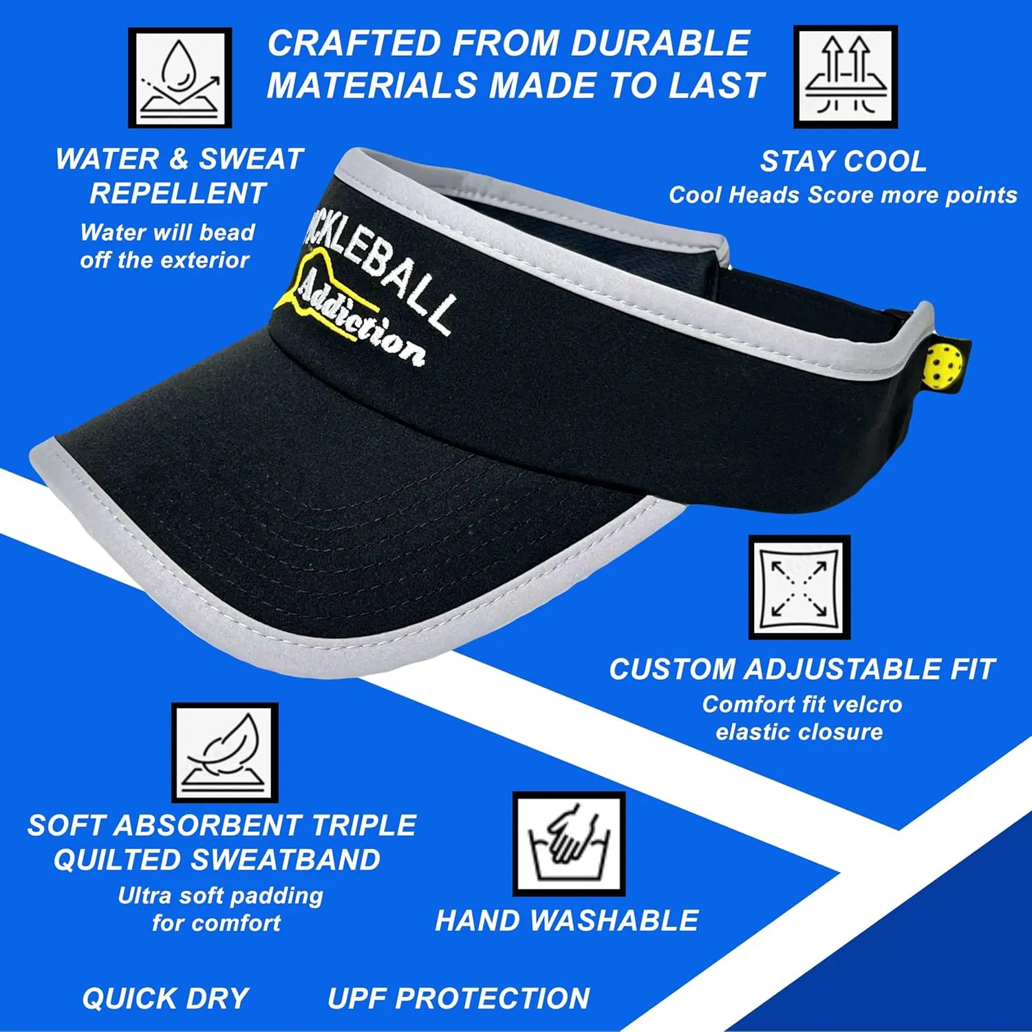 Unisex Pickleball Visor. Quality & Performance. No Sweat Stains, Sold by a US Pickleball Family.