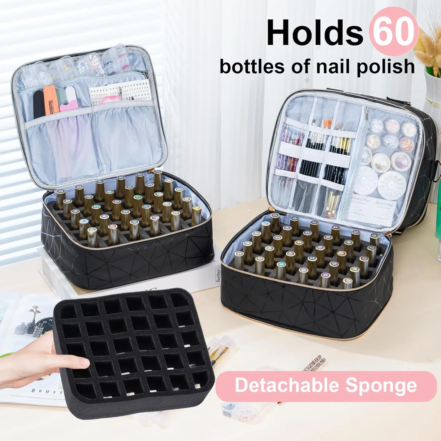 Uross Nail Polish Organizer Bag Holds 60 Bottles Nail Polish & Nail Kit -Nail Polish Storage Organizer Nail Polish Bag Nail Supplies Organizer Case for nail tech - Black