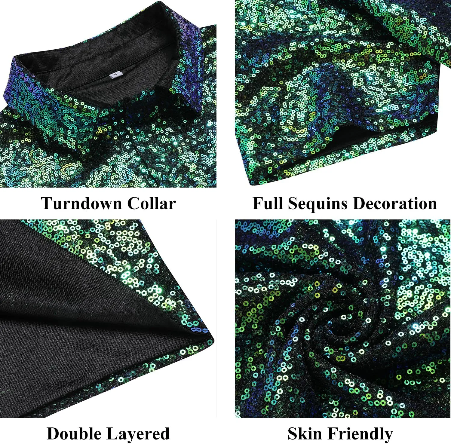 URRU Men's Relaxed Short Sleeve Turndown Sparkle Sequins Polo Shirts 70s Disco Nightclub Party Shirt Tops