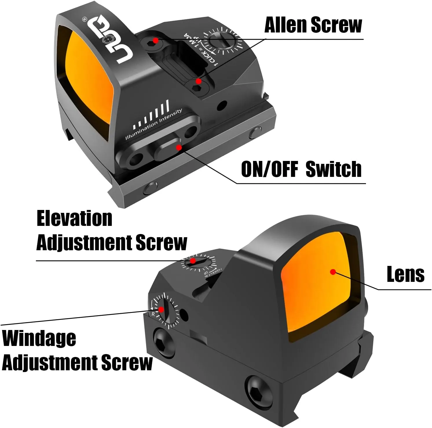 UUQ Mini Reflex Red/Green Dot Sight for Rifles, Pistols and Shotguns 2MOA,7 Brightness Adjustments，Suitable for RMR or 20mm Picatinny Rail