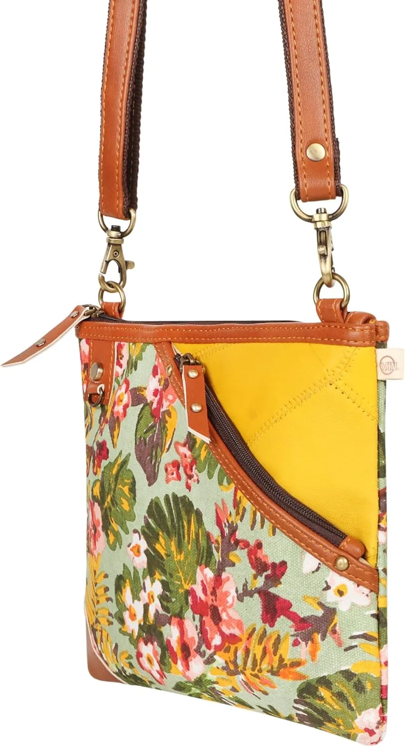 Vaan & Co. Grayson Wide Crossbody Bag – Upcycled Genuine Leather Purse with Top Flap & Tassel
