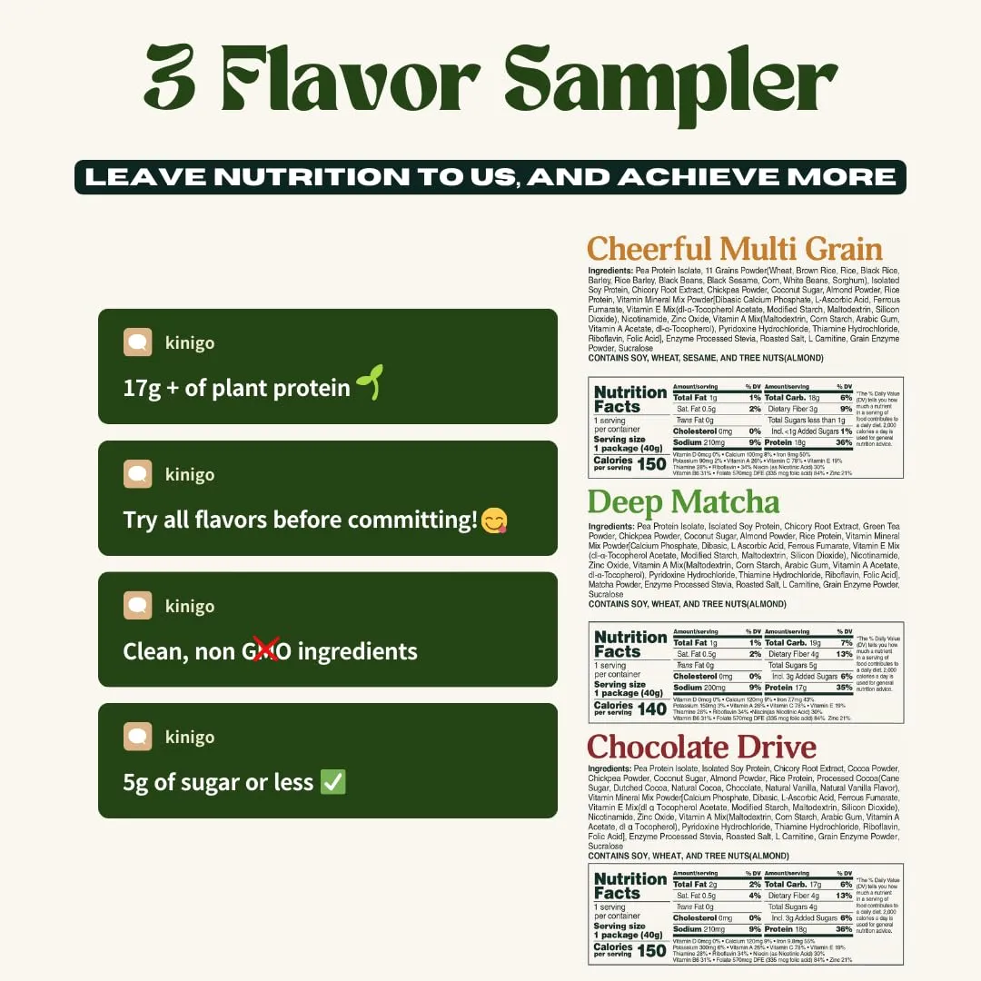 vegan high protein powder for meal replacement shake with Korean drinks flavor misugaru, matcha, and chocolate - great for plant protein shakes, breakfast drink 14 1 Pouches 5 of each flavor (3 Flavor Sampler)