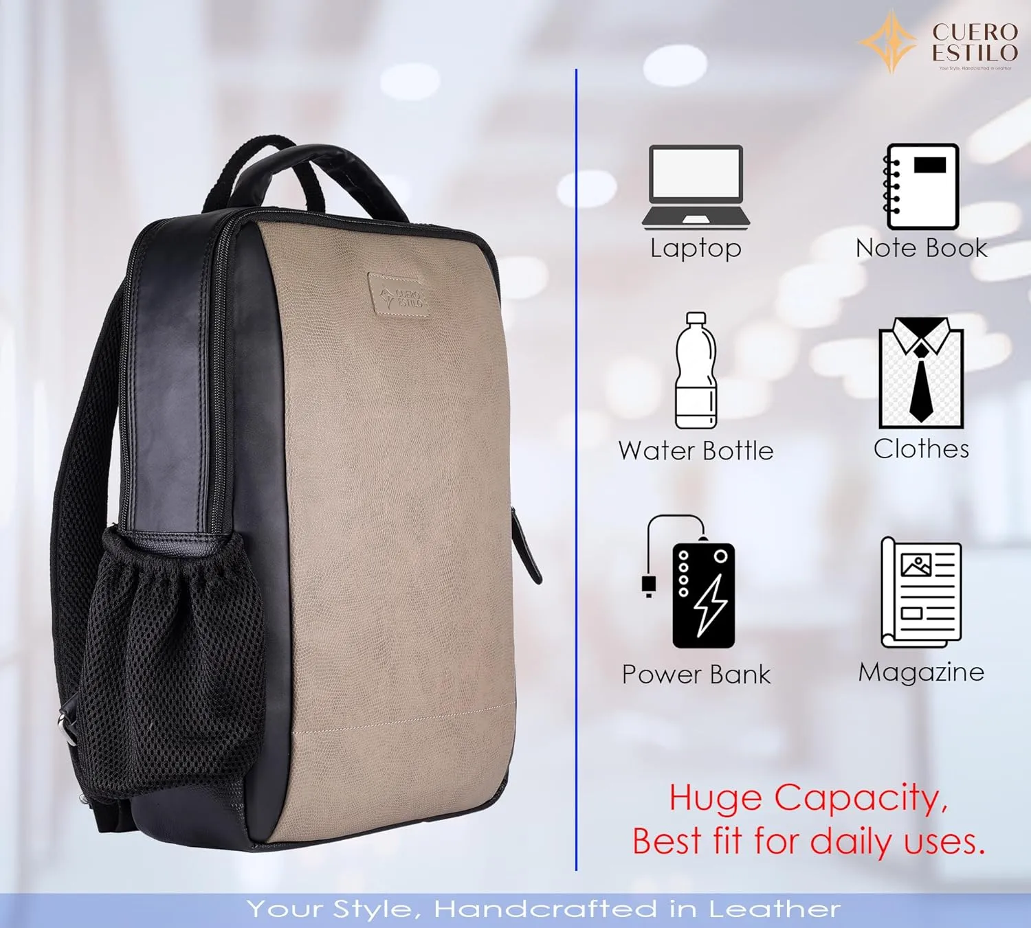 Vegan Leather Laptop Backpack - Eco-Friendly, Stylish 12L Backpack with Laptop Sleeve & Trolley Strap - Durable, Lightweight for Work & Travel.
