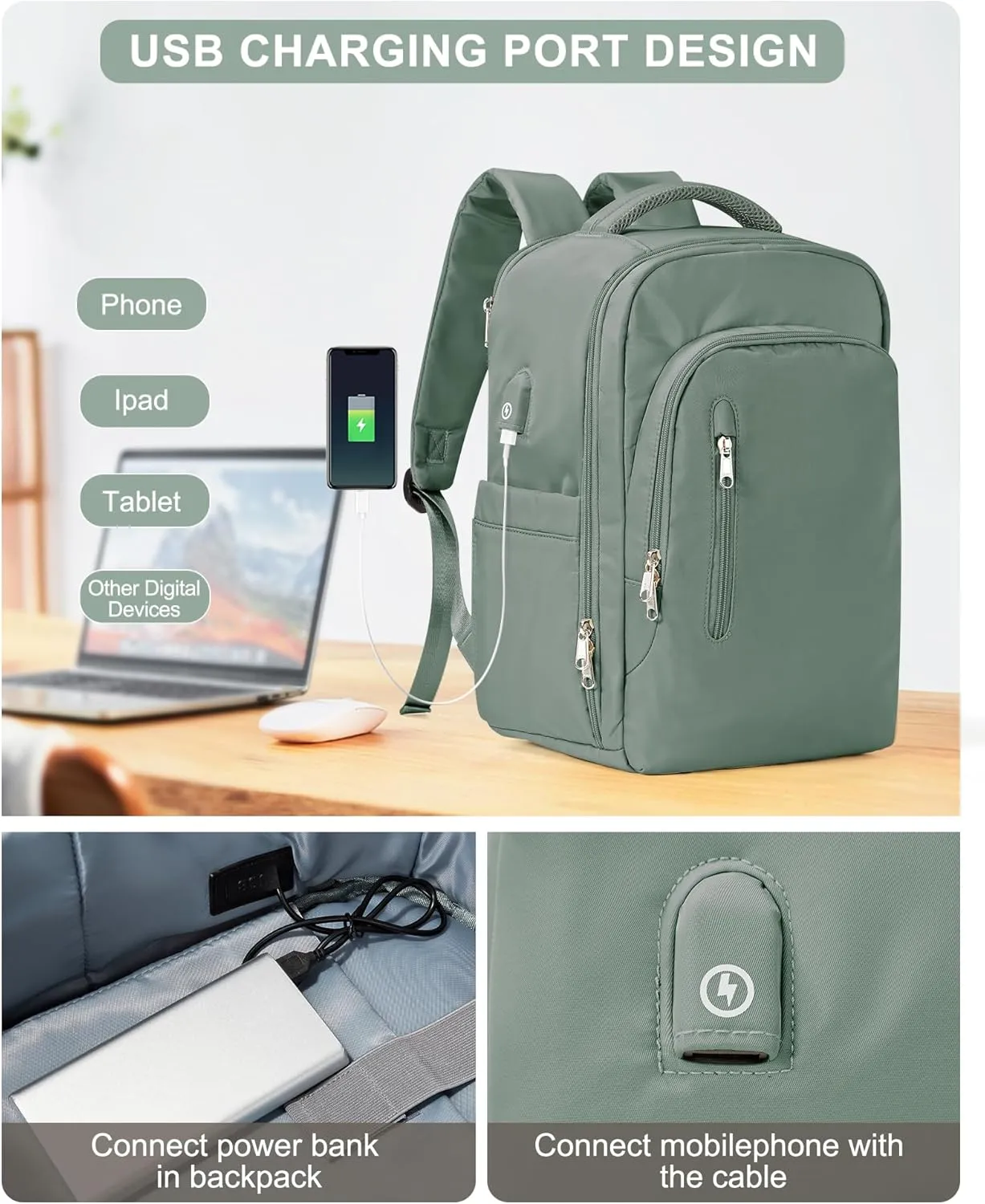 VGCUB Large Travel Backpack,Waterproof Laptop Carry on Backpack Purse for Women Men,Gym Hiking Backpack Personal Item Size Casual Daypack Work Business Backpack With USB Charging Port,Green