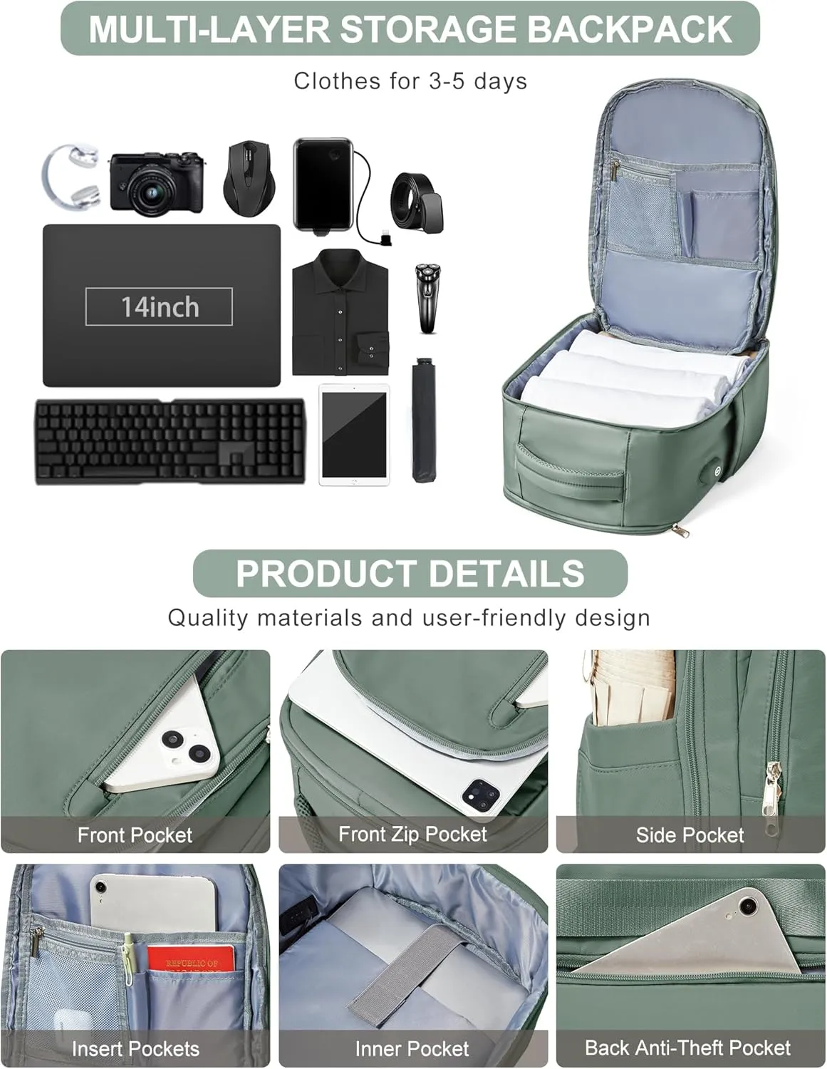 VGCUB Large Travel Backpack,Waterproof Laptop Carry on Backpack Purse for Women Men,Gym Hiking Backpack Personal Item Size Casual Daypack Work Business Backpack With USB Charging Port,Green